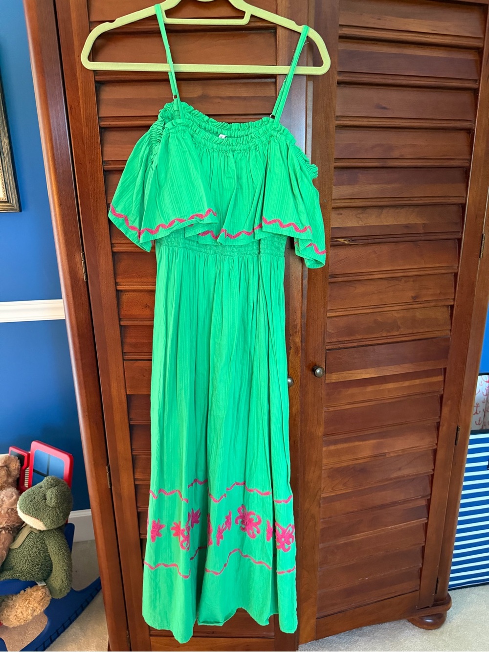 Portugal designer Bright Green Maxi Dress with Pink Embroidery